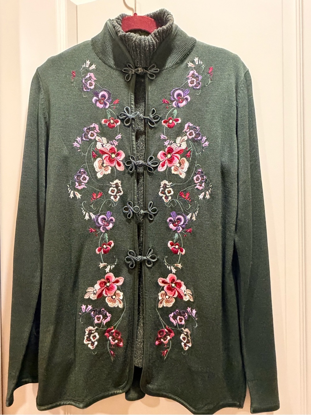 Diane von Furstenberg Olive Green Silk-Blend Cowl Sweater with Floral Embroidery